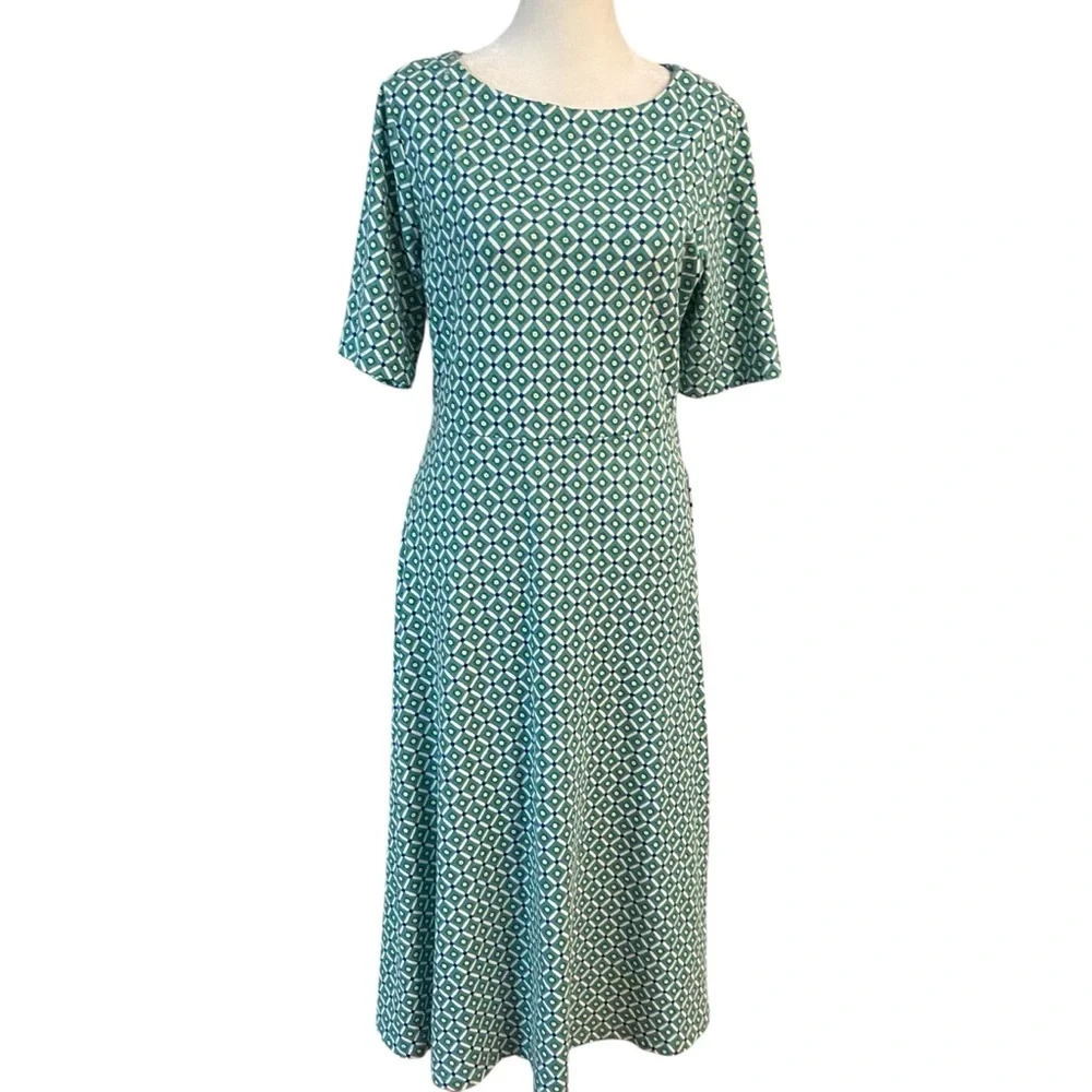 Croft & Barrow Stretch Fit & Flare Dress Size M Teal White Boatneck Stretch Work